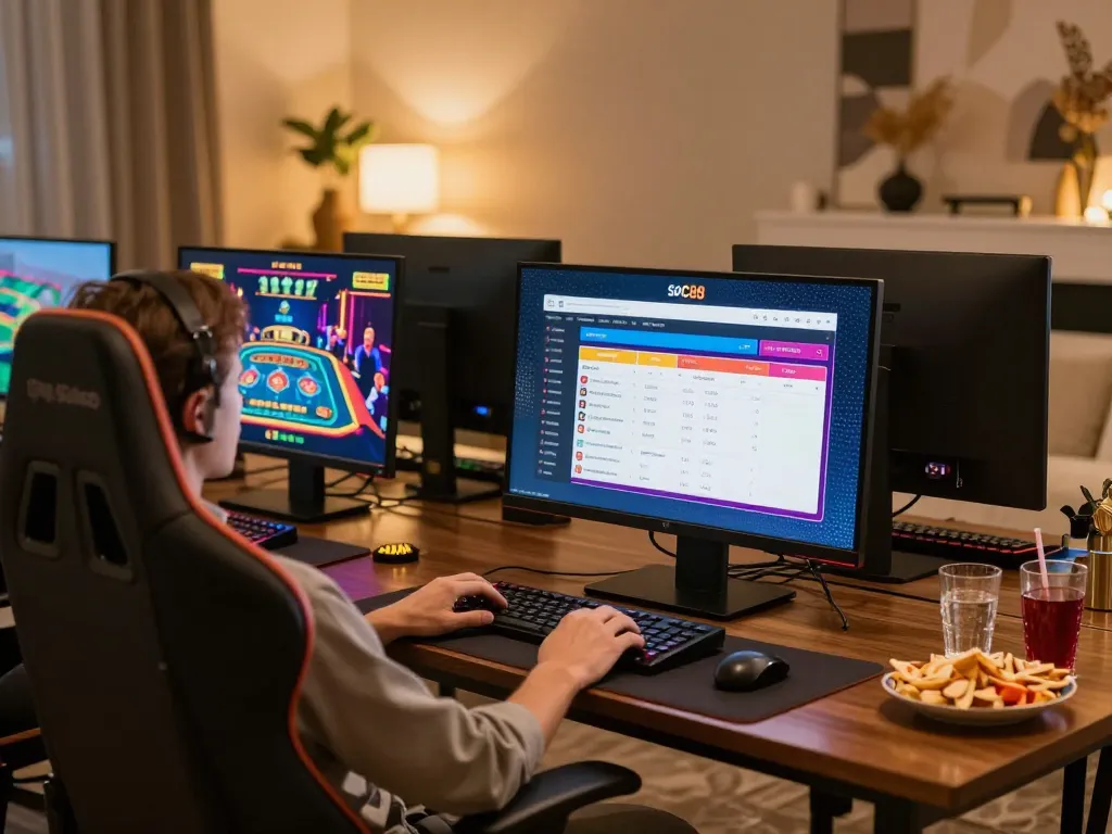 Players enjoying soc88 online gambling experience with multiple screens and lively gaming atmosphere.