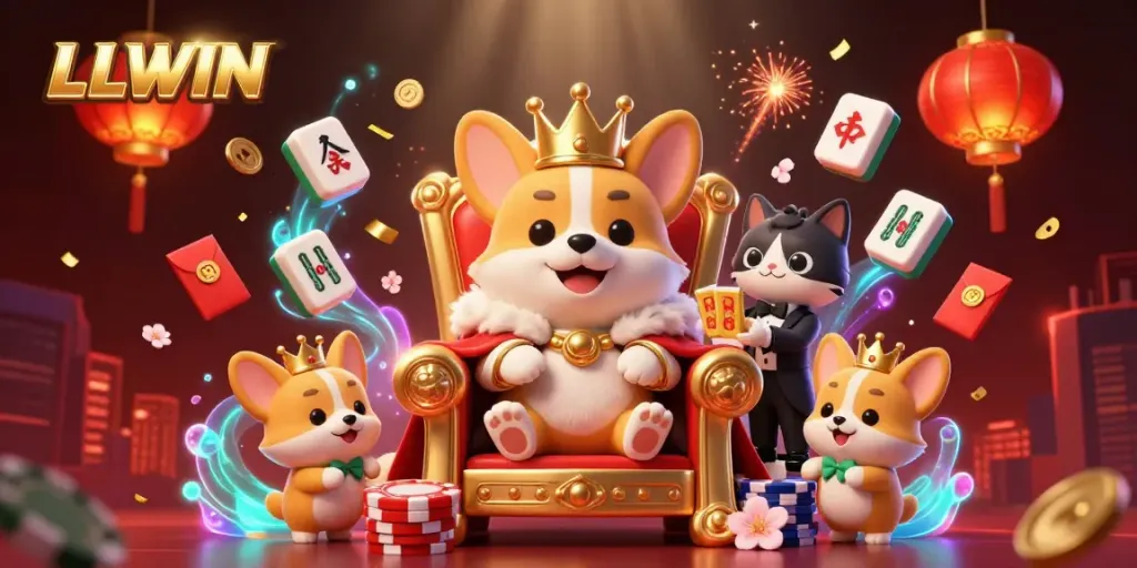 Experience LLWIN's vibrant casino world featuring a crowned corgi king on a throne of poker chips.