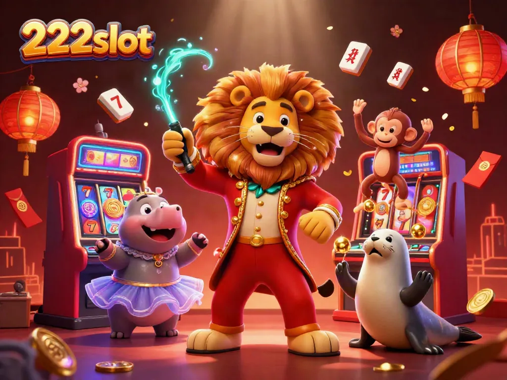 Gambarkan suasana kasino yang semarak dengan 222slot, menampilkan singa pemimpin sirkus, hippo, monyet, dan anjing laut yang bersenang-senang dengan simbol jackpot!