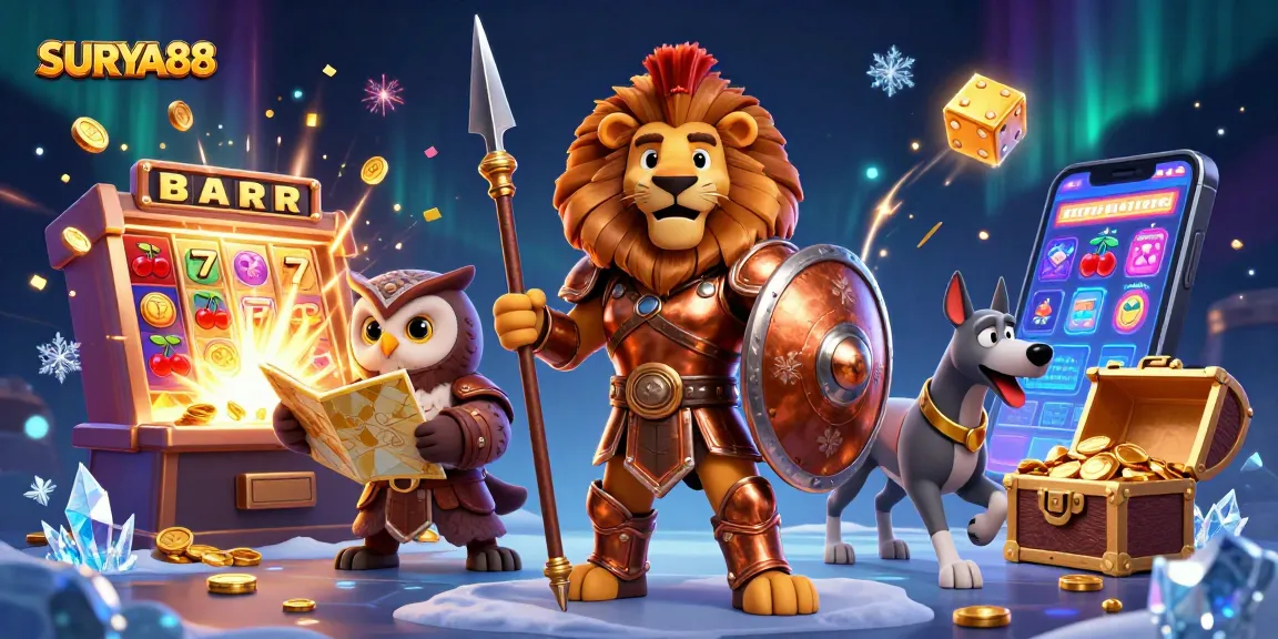 SURYA88 showcases a dynamic casino scene with a Spartan lion, owl strategist, and greyhound, amidst jackpot elements.