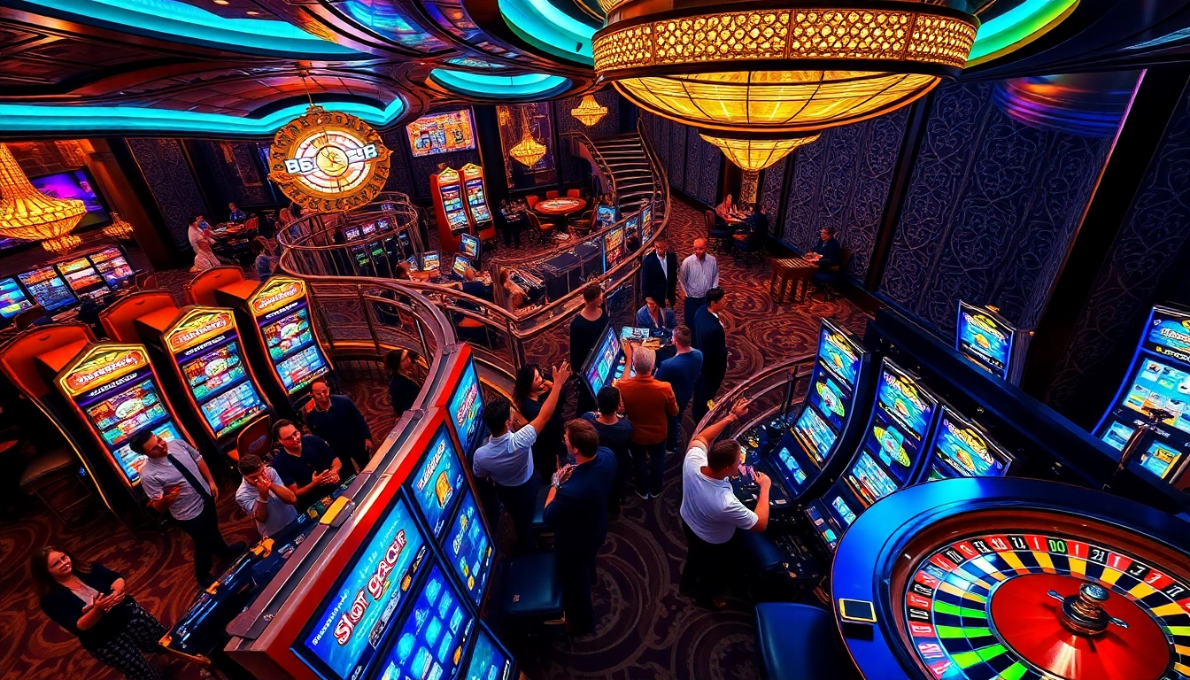Excited players winning on slot gacor machines in a luxurious casino atmosphere.