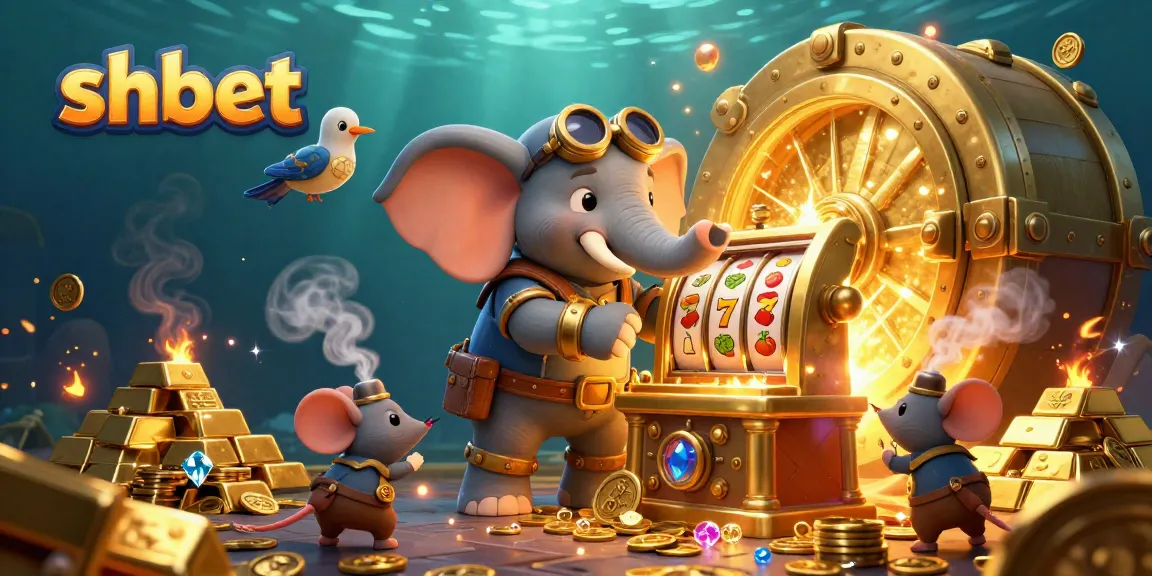 Experience the thrilling world of shbet with a steampunk elephant operating a slot machine amidst a treasure-filled scene.