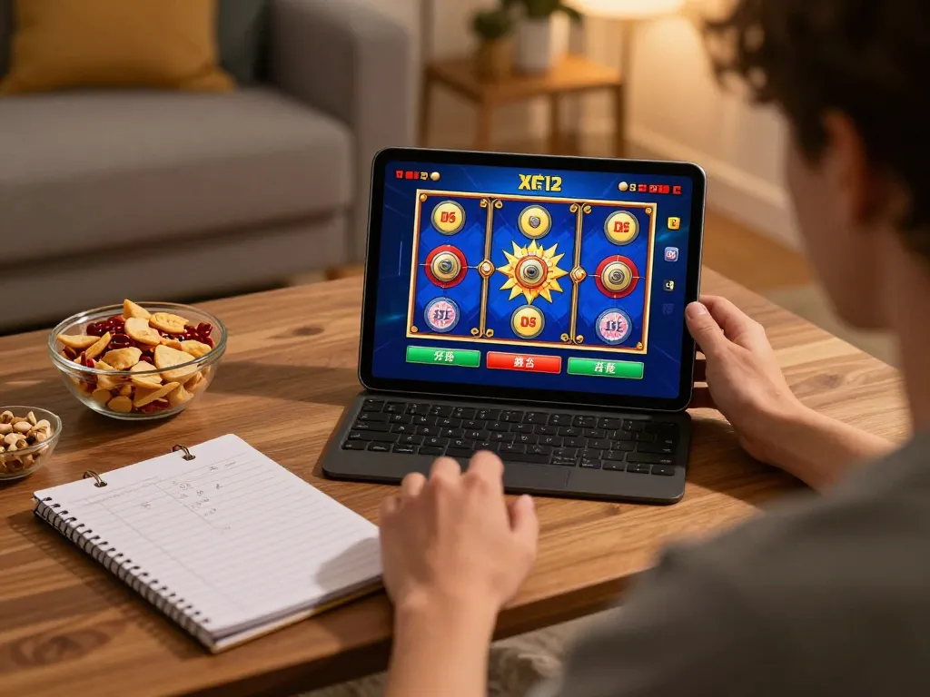 Pemain menikmati permainan slot di tablet di rumah, menampilkan pengalaman perjudian online yang menarik dan perencanaan strategis.