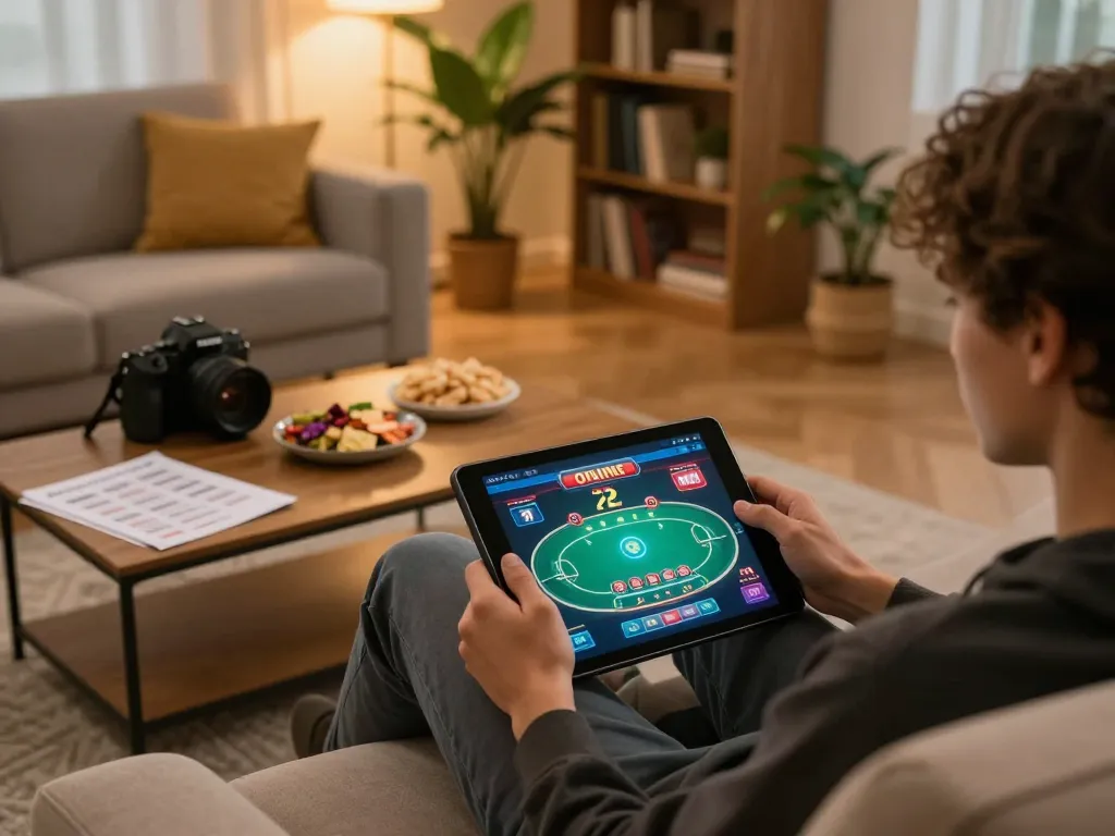 VN789 online gaming session with player engaged in poker, showcasing home atmosphere and strategic betting.