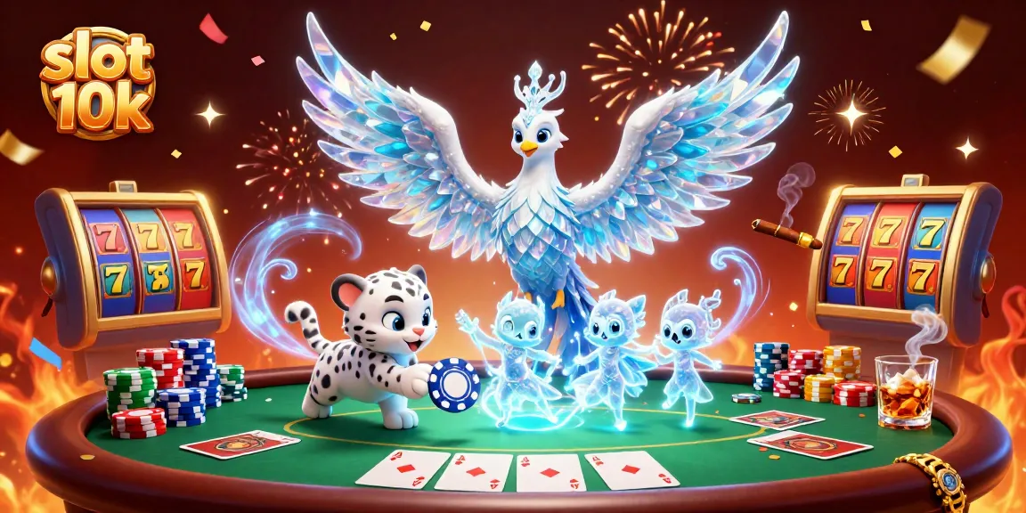 Engage with thrilling slot 10k gameplay alongside an enchanting ice phoenix and cheerful snow leopard.