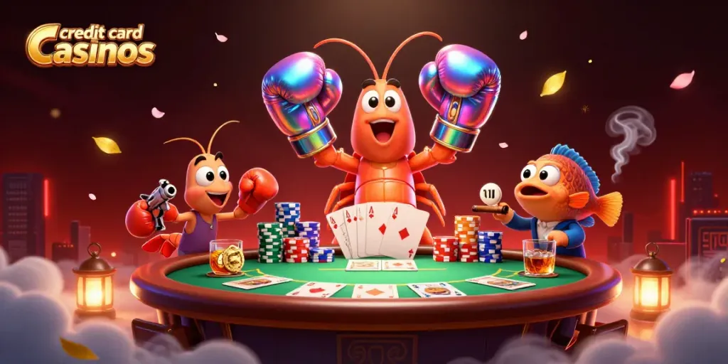 Experience excitement at credit card casinos with a vibrant poker scene featuring dynamic characters and elements.