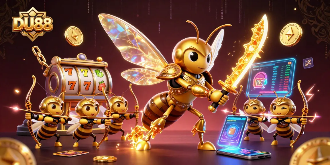 Engage with DU88 as the samurai hornet navigates a vibrant casino scene filled with slot reels and crypto coins.