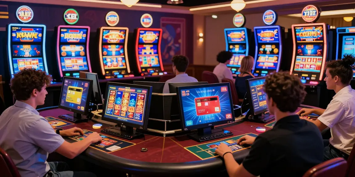 Players enjoying games at credit card casinos while engaging with https://dea.org.uk content, featuring vibrant screens and festive atmosphere.