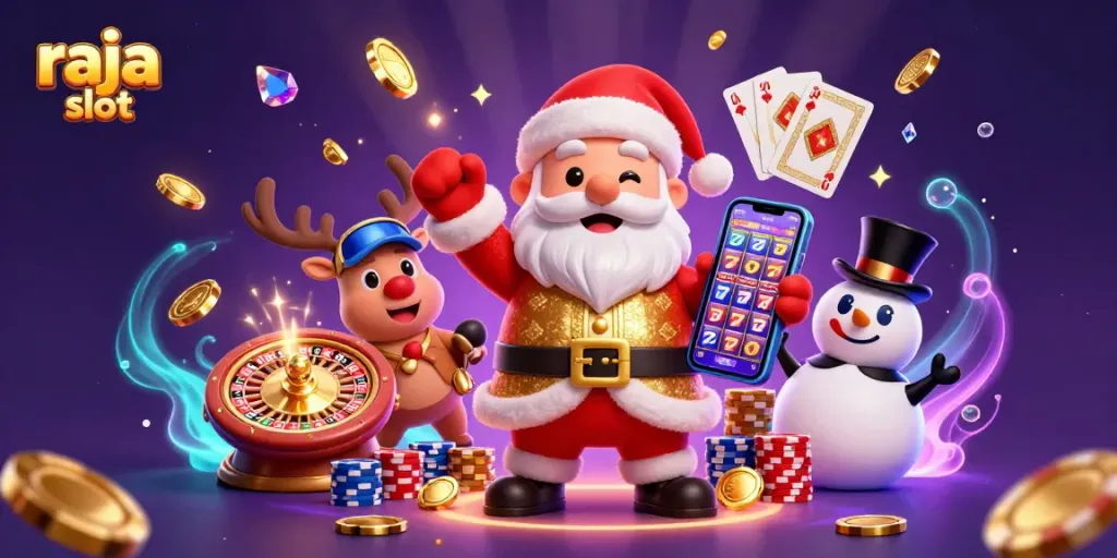 Menangkan permainan di Raja Slot dengan ilustrasi kartun 3D yang menampilkan Santa Claus dan teman-temannya di kasino.