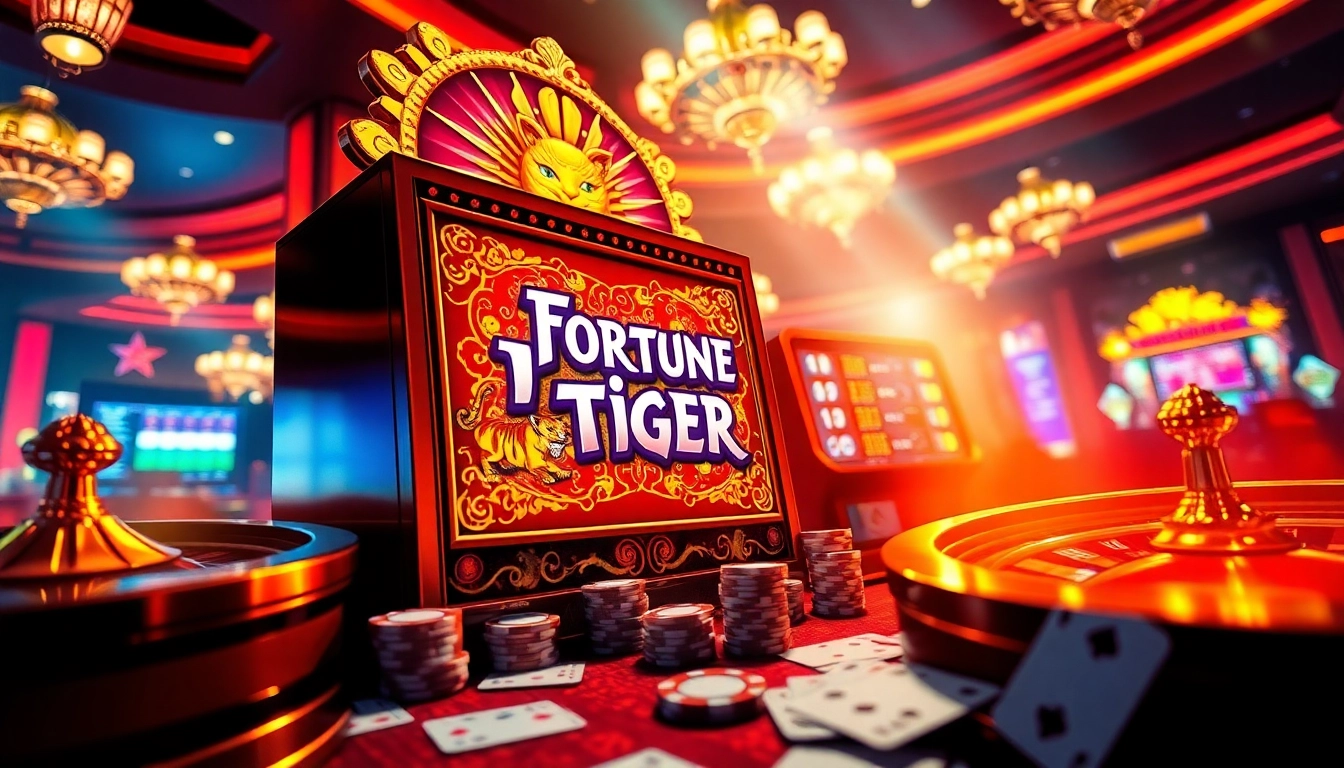 Players enjoying the PG slot Fortune Tiger in a vibrant casino atmosphere with colorful slot machines and poker chips.