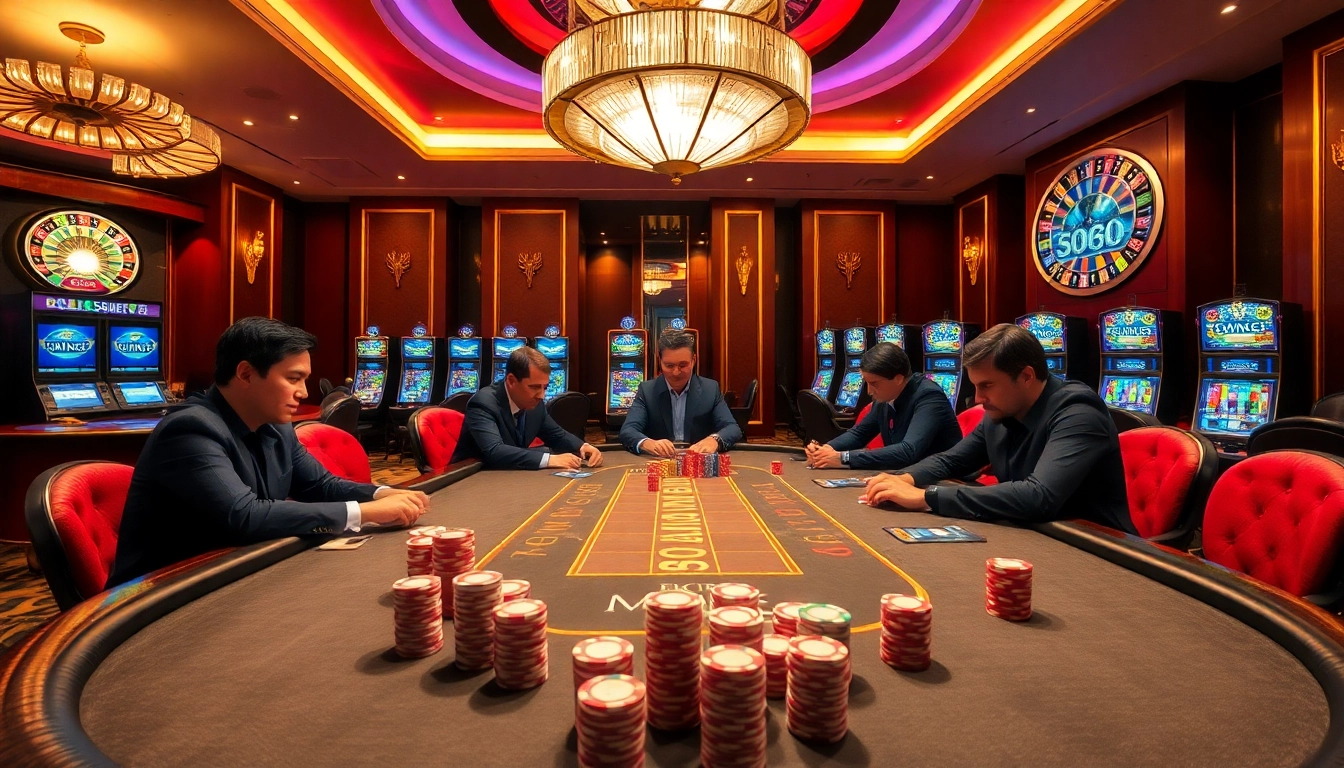 Players enjoying a thrilling poker game at MM 88 casino, showcasing vibrant slots and elegant tables.