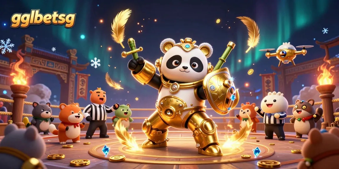 gglbetsg showcases a golden panda in a mech-suit battling in a vibrant esports arena surrounded by cheering fans.