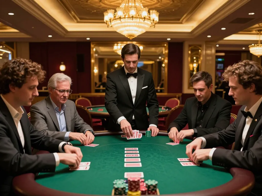 GO88 poker players strategizing at a high-stakes table under warm lighting, capturing intense gameplay.