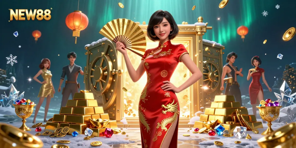 Engage in thrilling gaming adventures with NEW88 featuring a confident Asian woman amidst gold treasures.