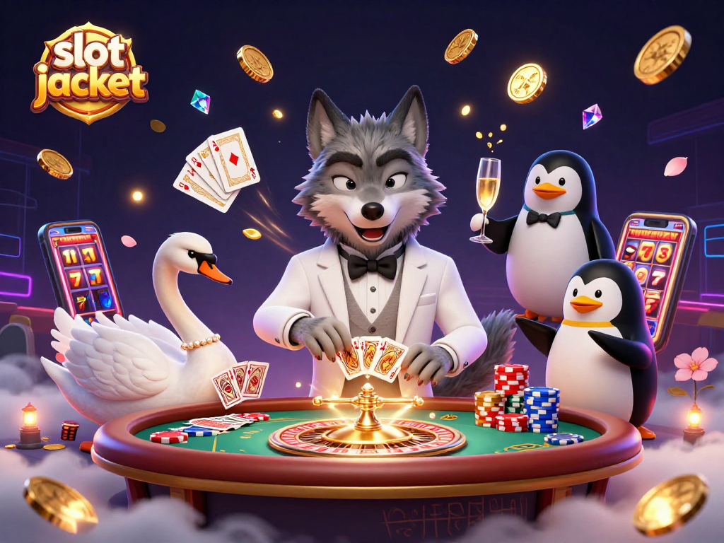 Spin the slot jackpot with cascading coins and characters enjoying the casino experience.