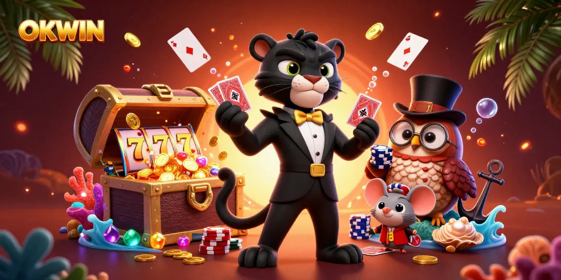OKWIN showcases a stylish cartoon black panther dealing cards with an owl and mouse amidst vibrant casino winnings.
