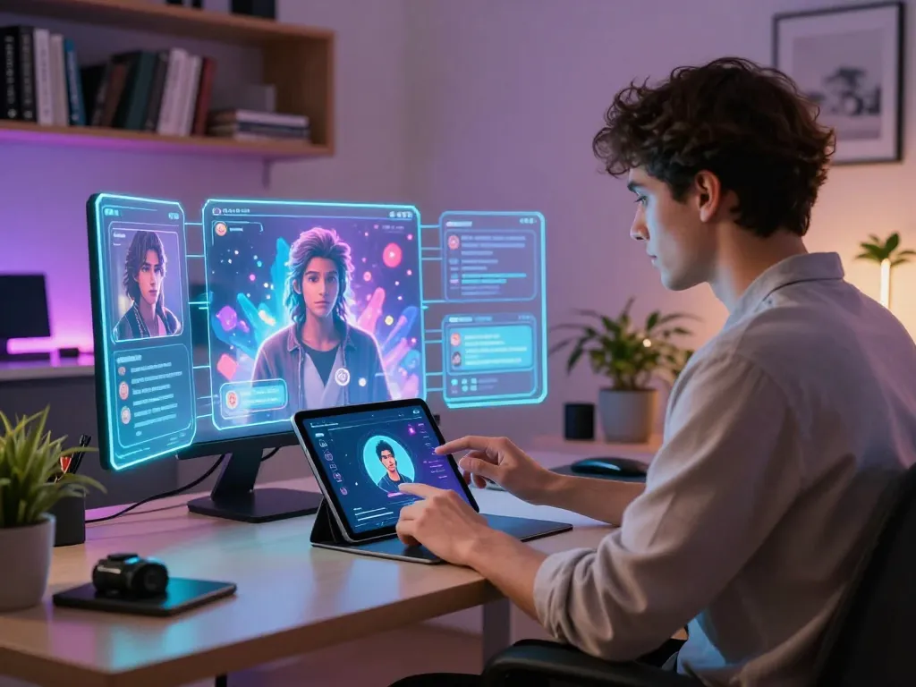 User interacting with an AI chat nsfw interface in a cozy modern home office, surrounded by futuristic digital elements.