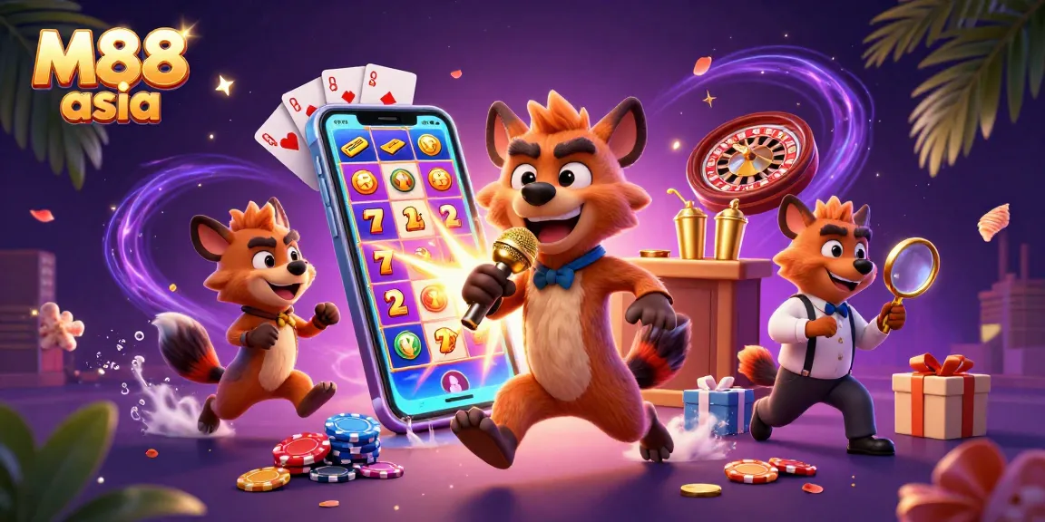 M88 asia showcases a vibrant casino scene with hyenas engaging in fun activities while enjoying various games.