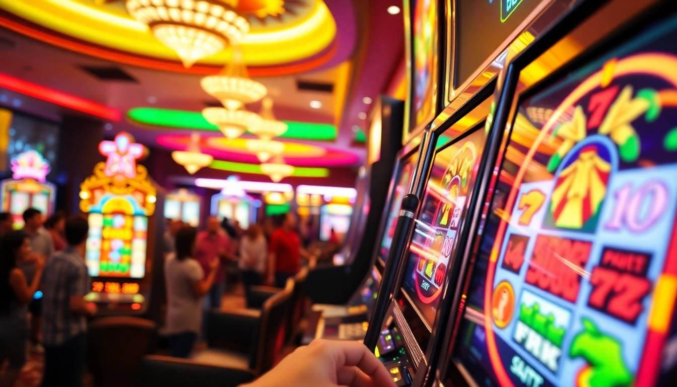 Slot Game mesin modern berkilau dengan pemain di kasino yang ramai.