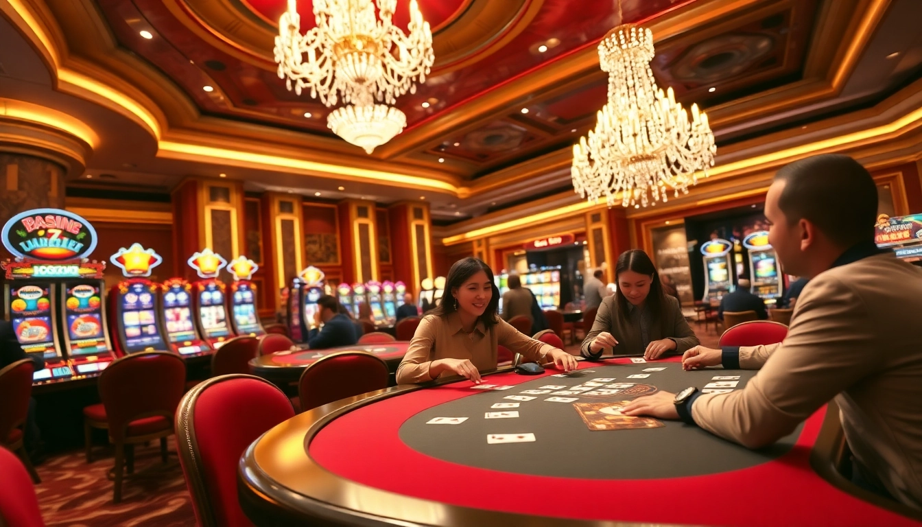 Experience a vibrant Casino atmosphere with players at gaming tables and slot machines.