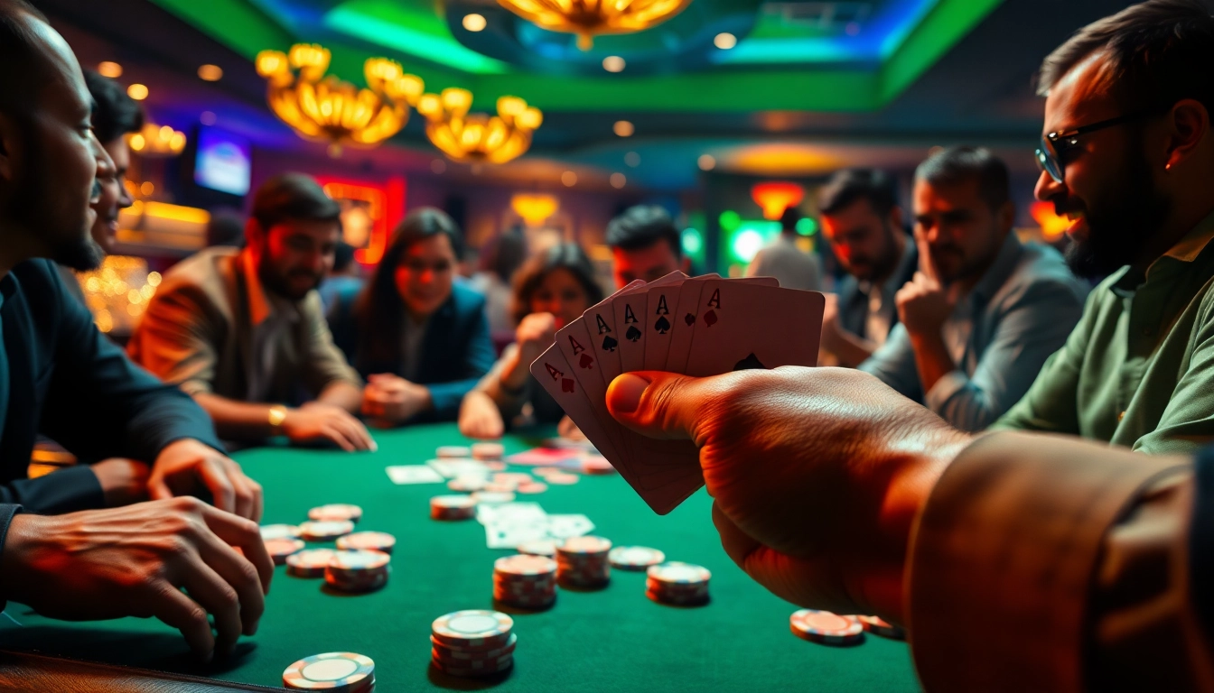 Engaging poker game with players strategically challenging each other in a vibrant casino setting.