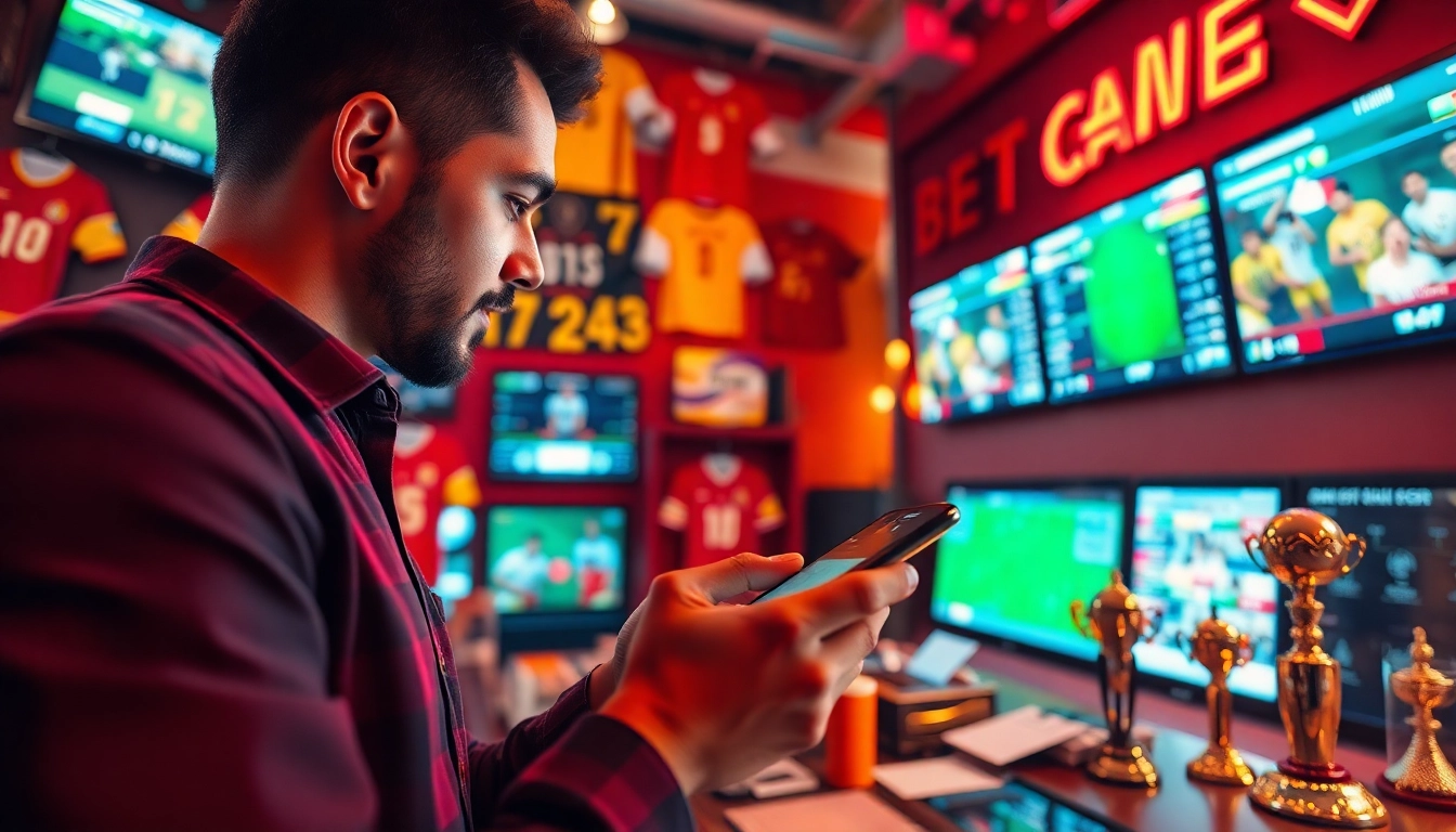 Engaging sports betting scene showcasing a person placing a bet with vibrant ambiance.