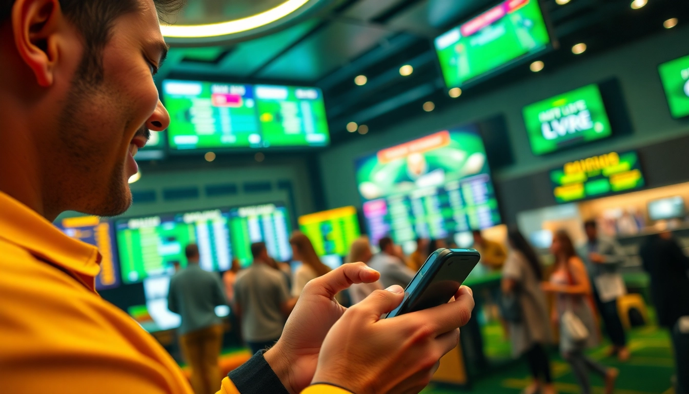 Engaging online Betting scene with a person excitedly placing a bet in a vibrant sportsbook atmosphere.