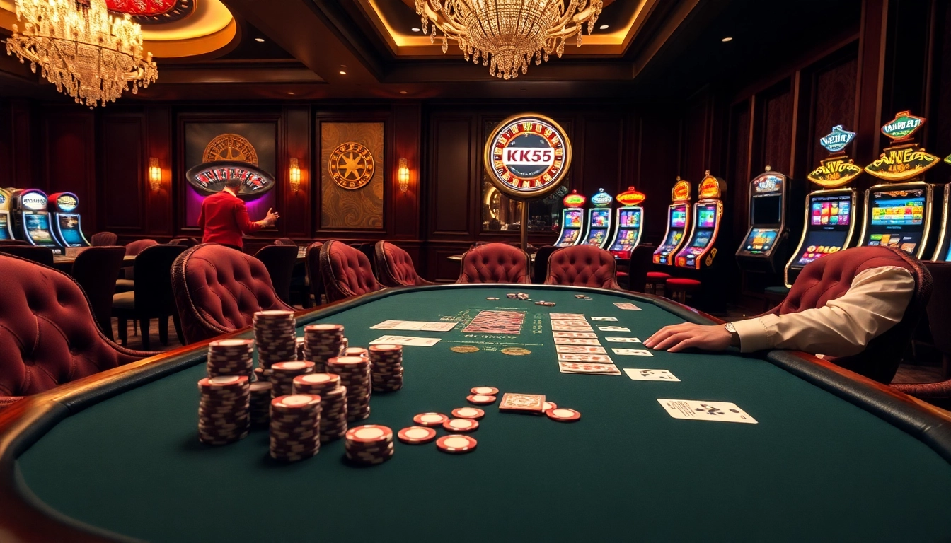 Engage in high-stakes poker at KK55 casino featuring vibrant tables and stylish decor.