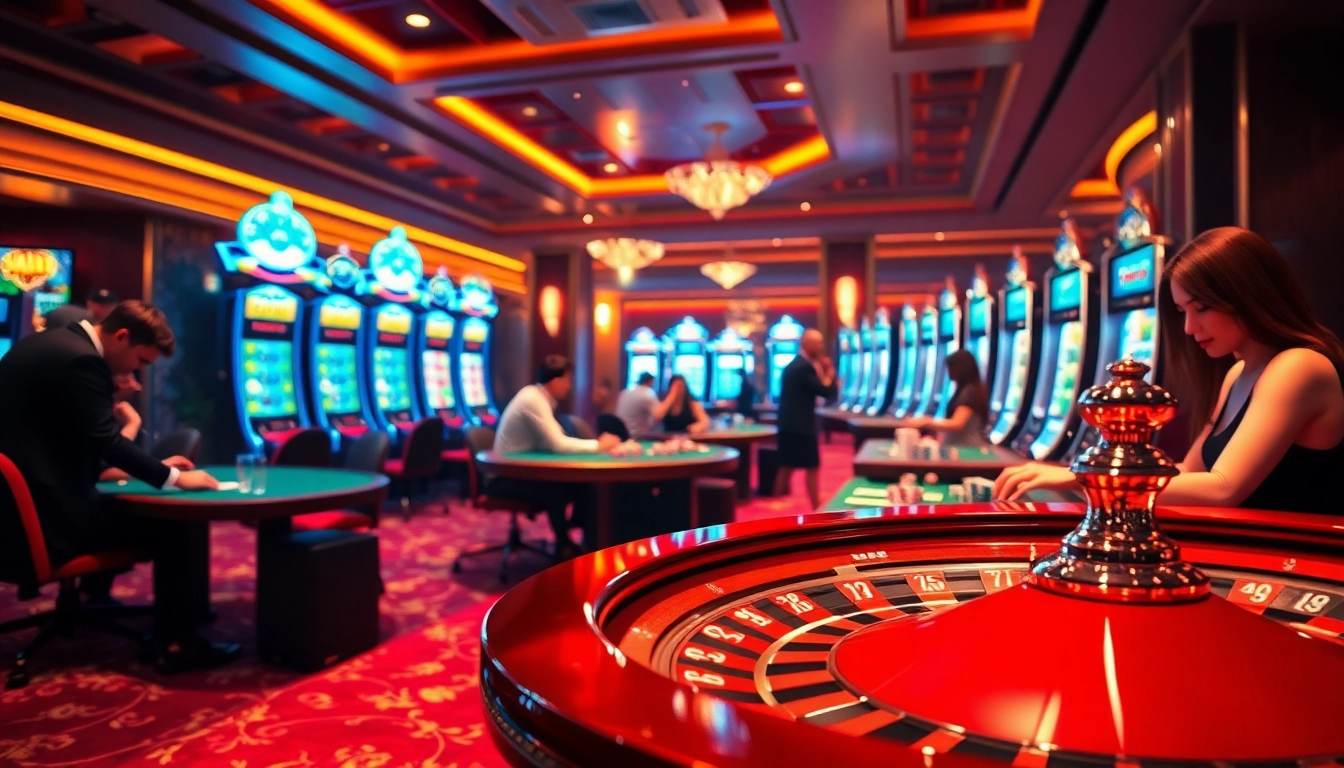 Experience the thrilling atmosphere of Nhà cái 88xx with players engaging in casino games and vibrant slot machines.
