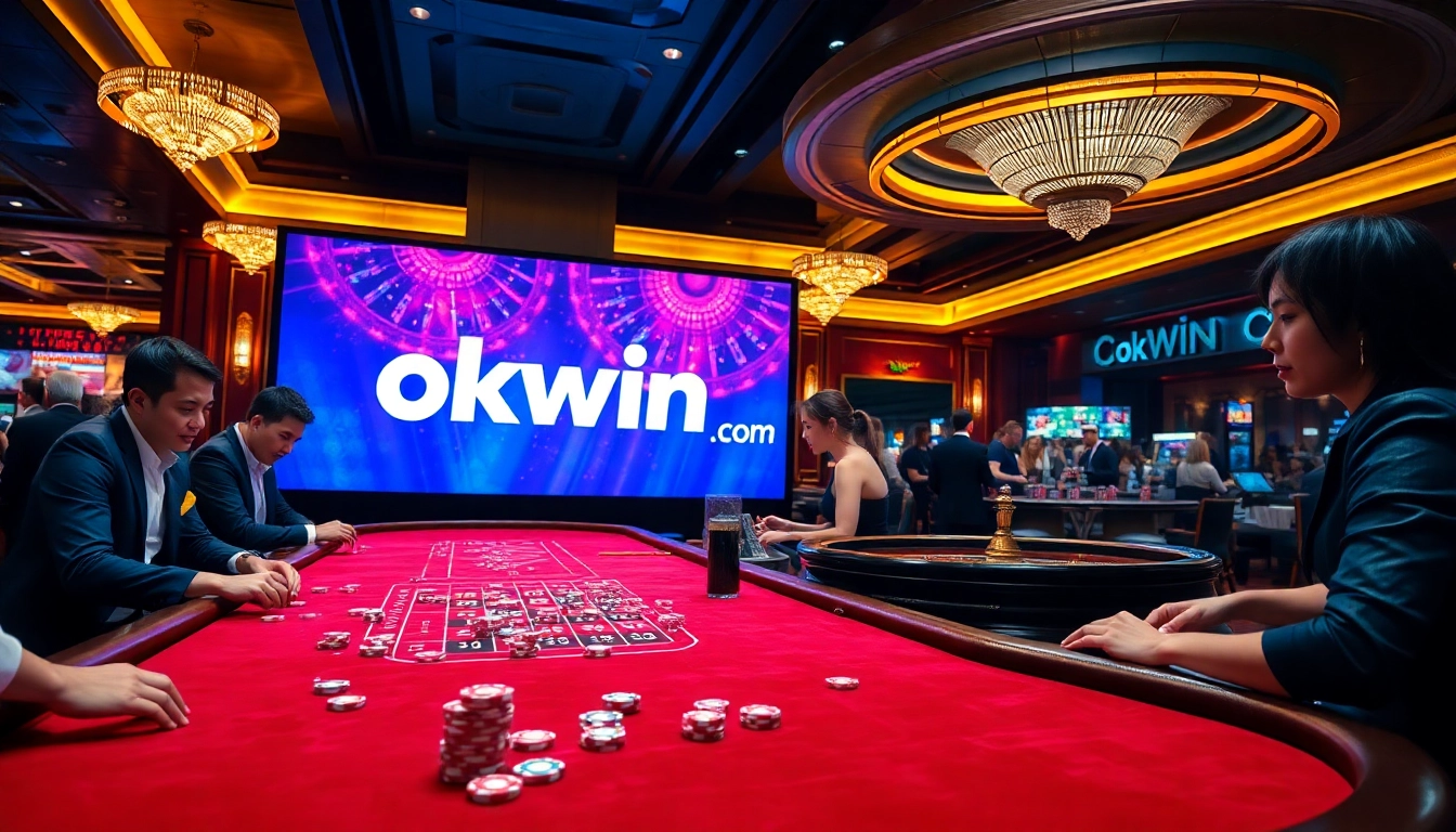 Experience the thrilling atmosphere of okwin.com with gamers enjoying luxury casino action.