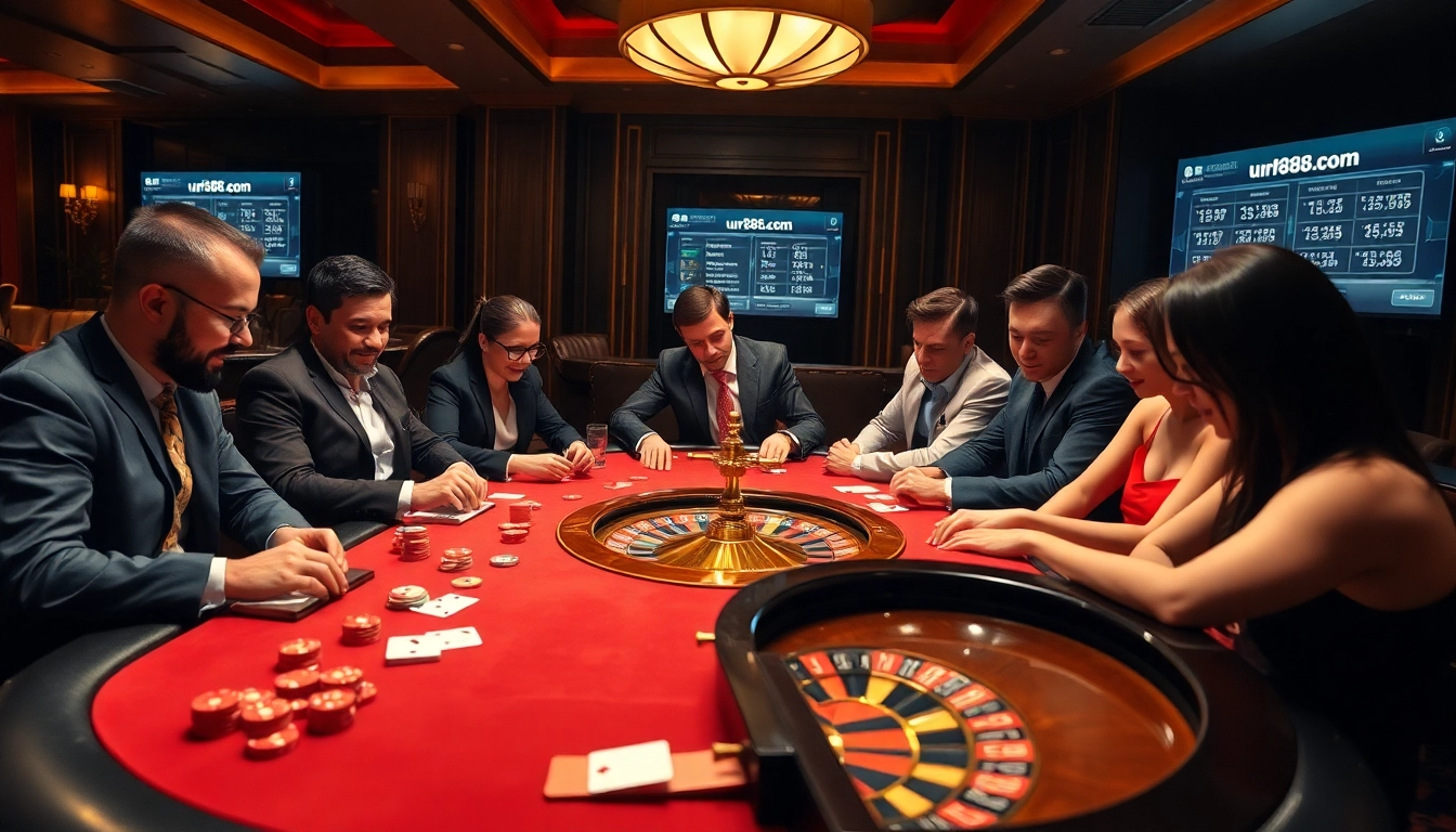 Players engaging at a high-stakes poker table in a thrilling environment at urr88.com.