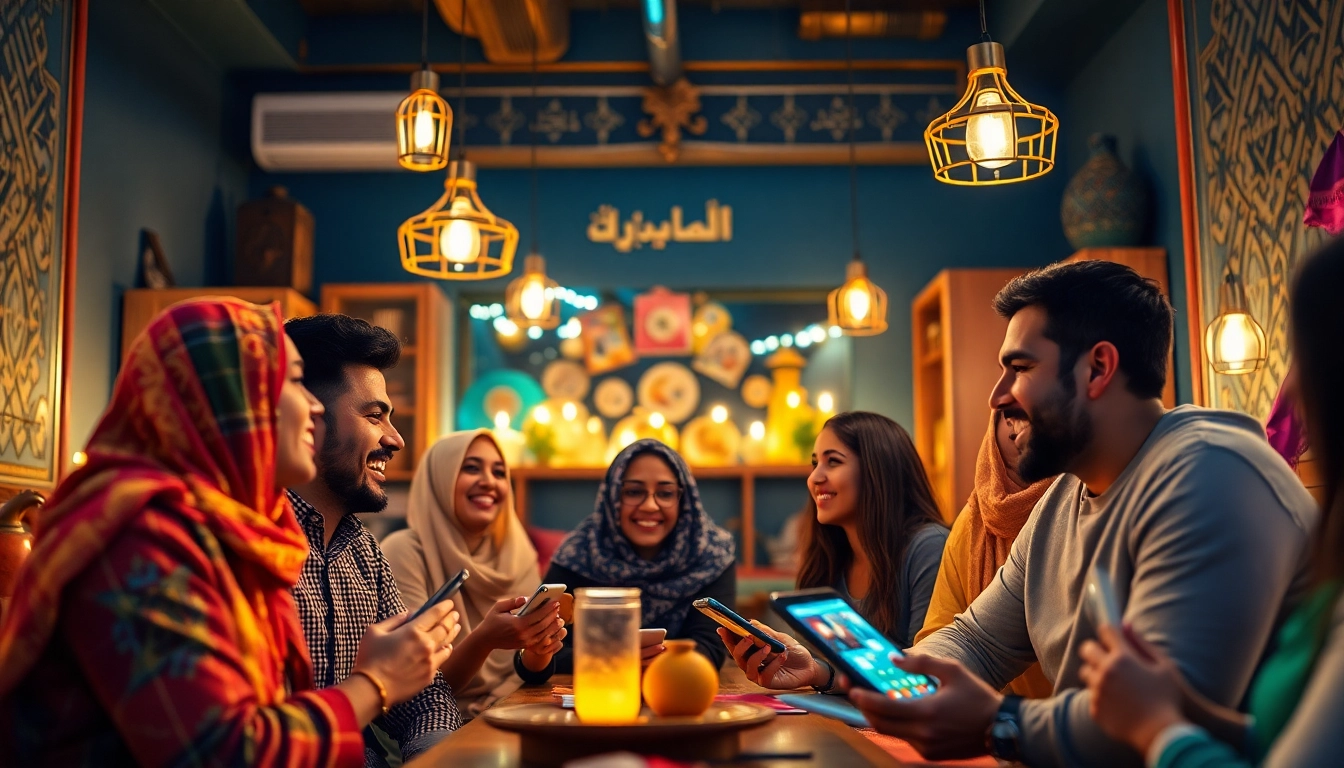 مشهد جذاب لمستخدمين في غرفة شات عربي حيوية، يبرز التنوع الثقافي والترابط.