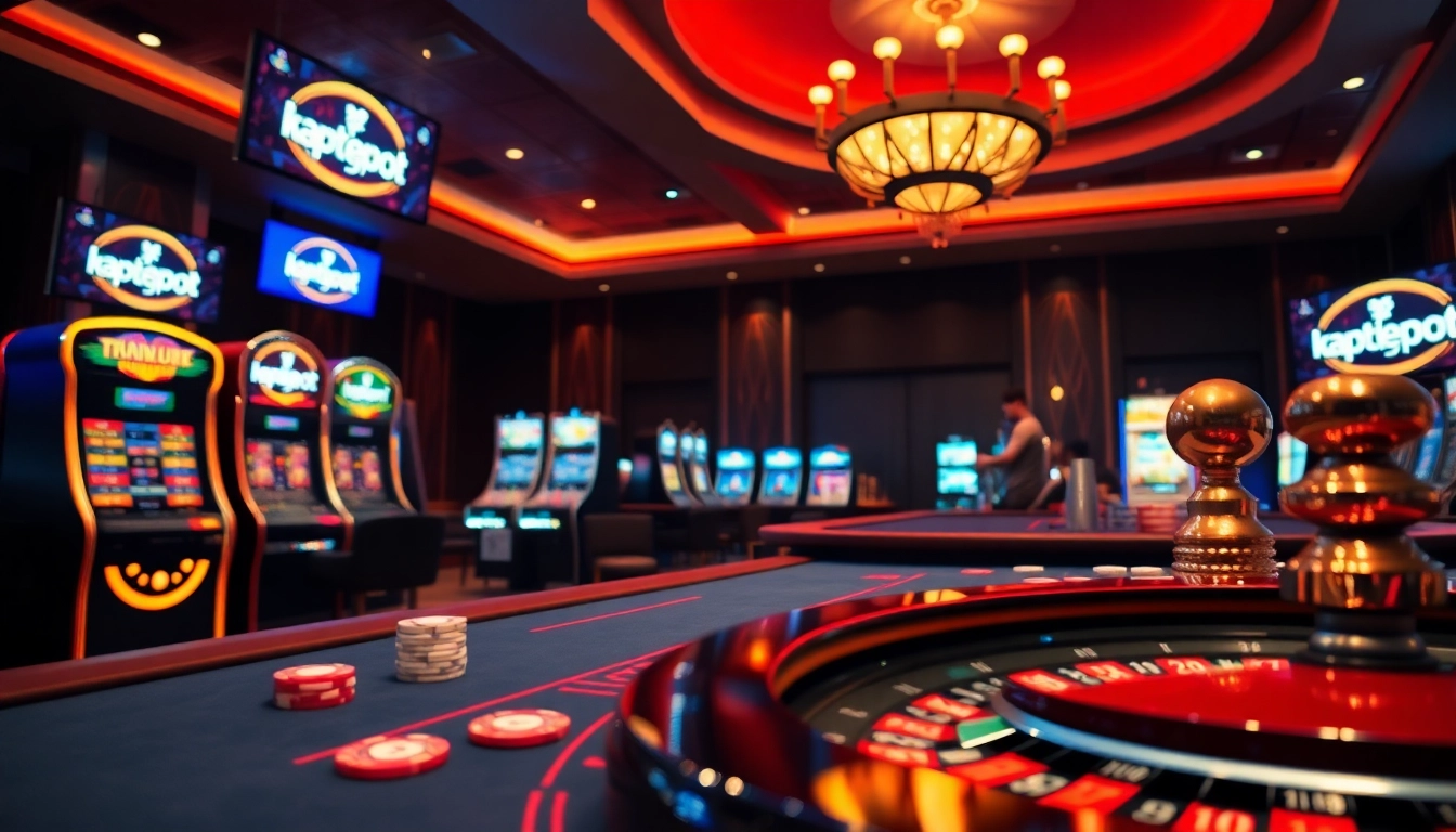 Place your bets with kaptenjackpot at an exciting casino table featuring vibrant poker chips and spinning roulette wheels.