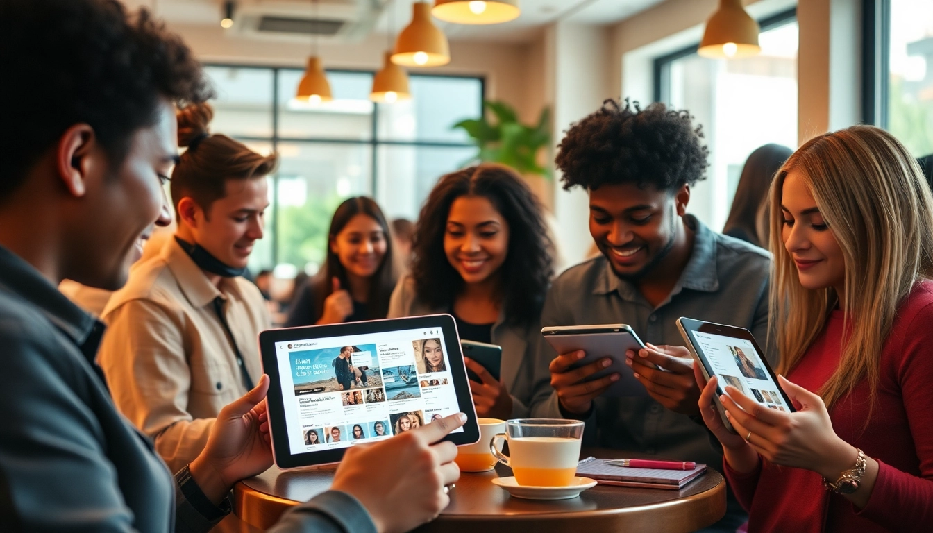 Discover OnlyFans Nearby Creators in a vibrant café atmosphere with people engaging on digital devices.