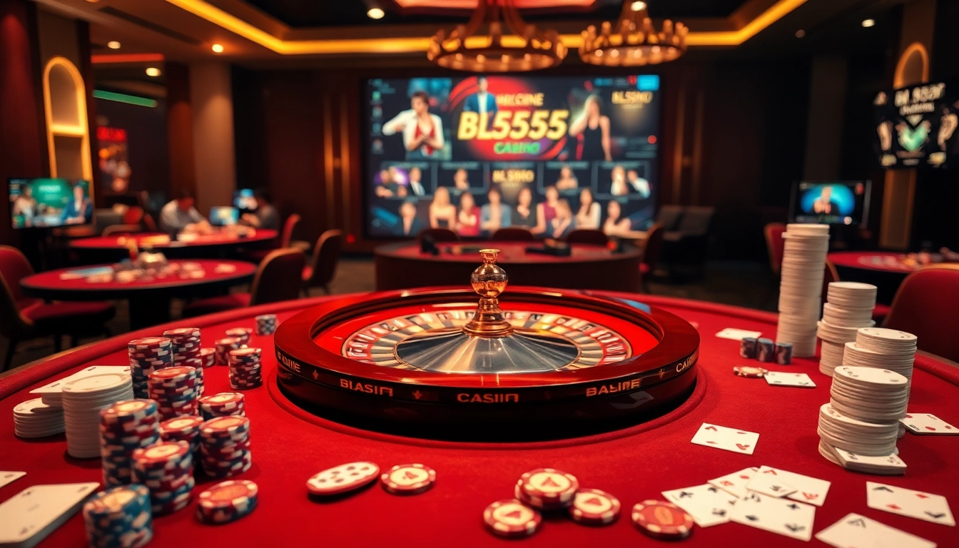 Exciting gameplay at nhà cái bl555 with cards, chips, and a vibrant casino atmosphere.