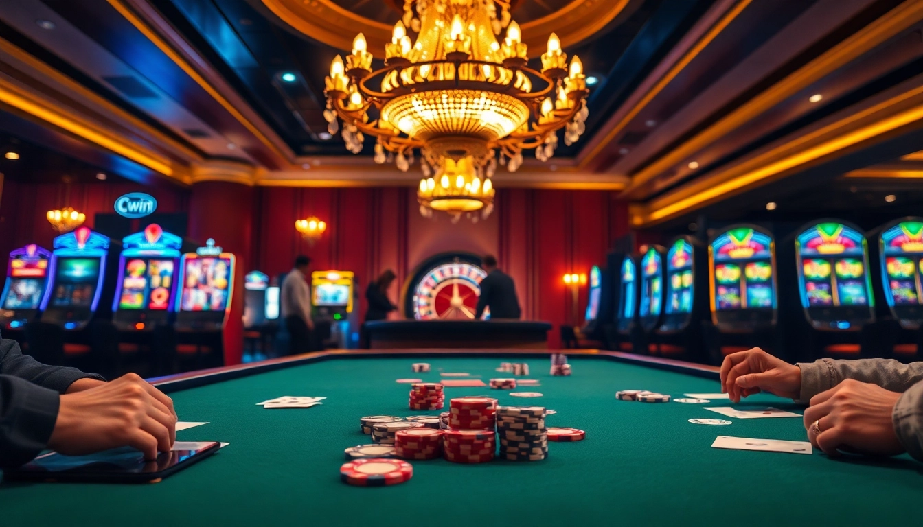 Experience the excitement of Cwin at a luxury casino with poker tables and roulette.