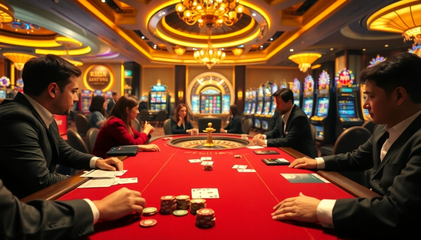 Engaged players at https://xx88.day/ in an exhilarating high-stakes poker game, surrounded by luxury casino elements.