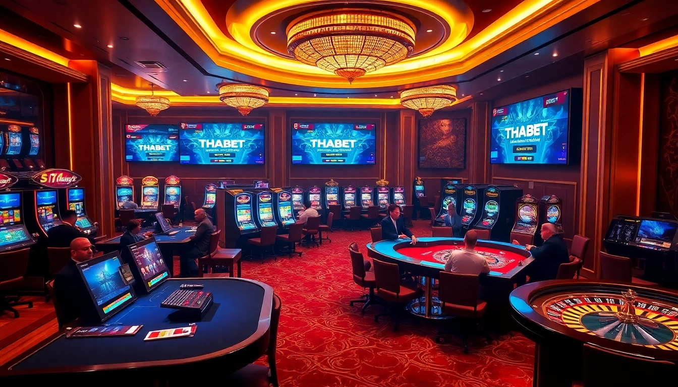 Experience the thrill of betting at https://thabet.vegas/ with casino tables and vibrant slot machines.