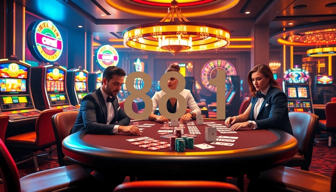 Excitement at 88i casino with players at a poker table surrounded by colorful slot machines.