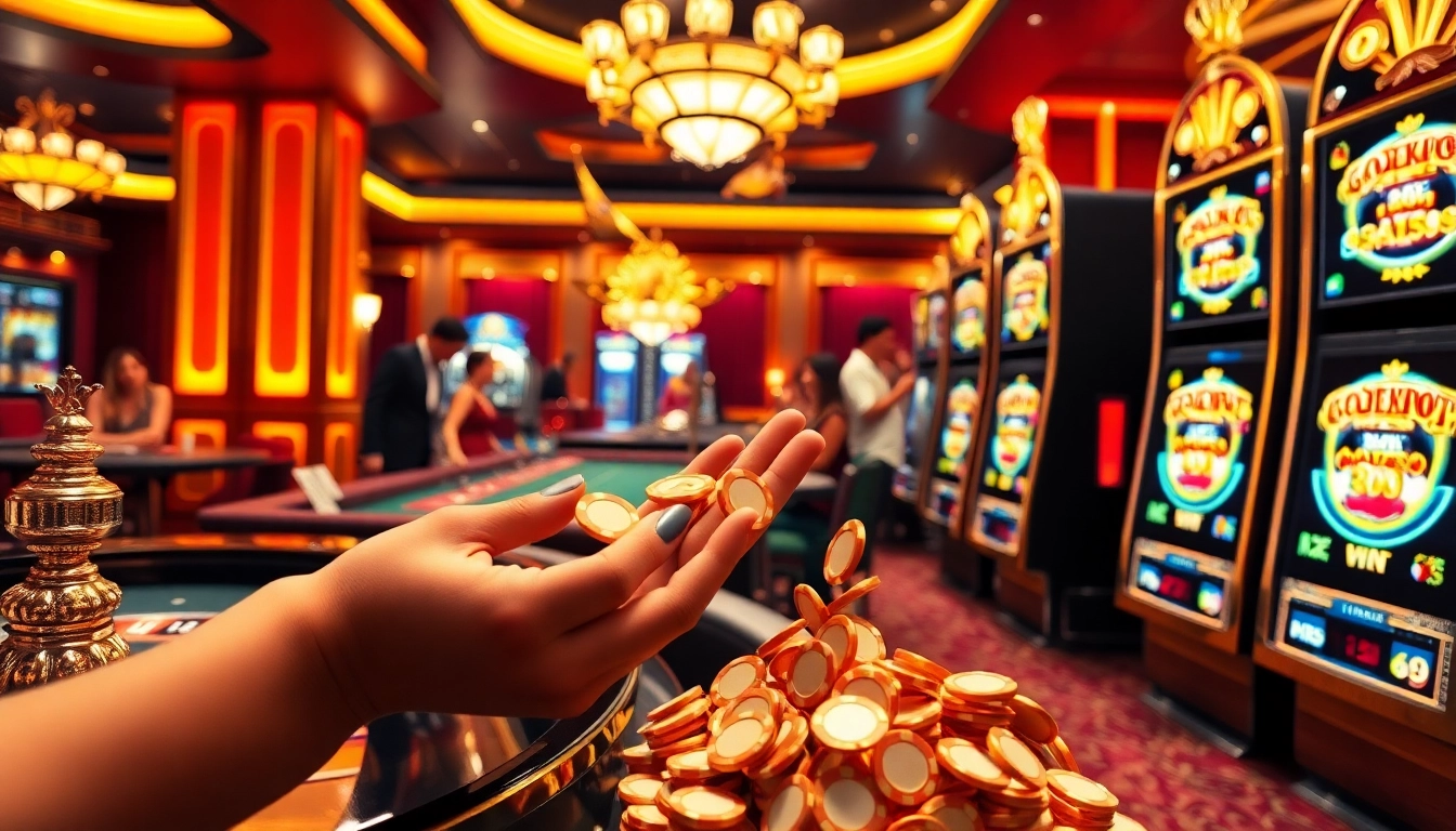 Players engaging with gojekpot-themed slot machines in a vibrant casino atmosphere.