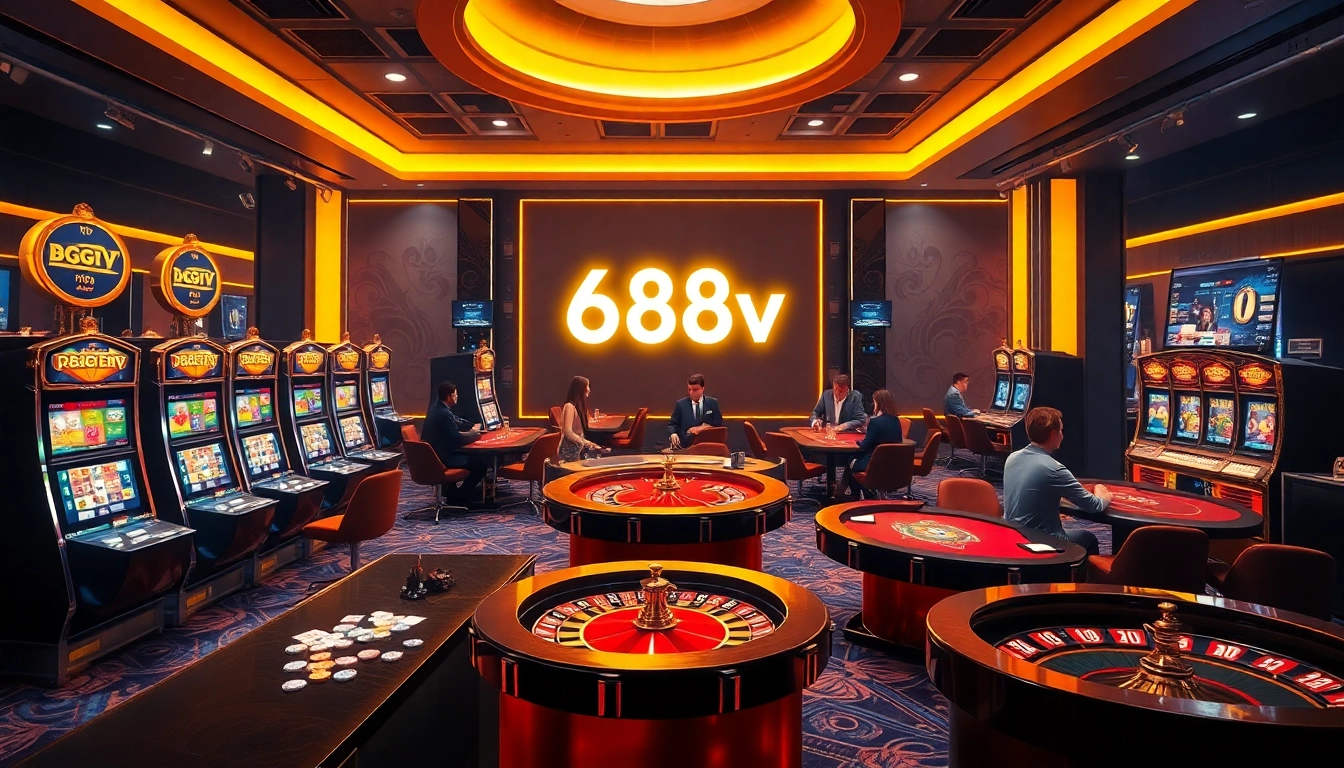 Exciting casino scene showcasing players at tables, capturing the essence of 688v gambling experience.