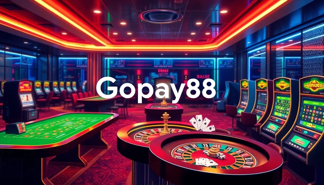 Experience the thrill of Gopay88 with vibrant casino visuals showcasing virtual tables and slot machines.
