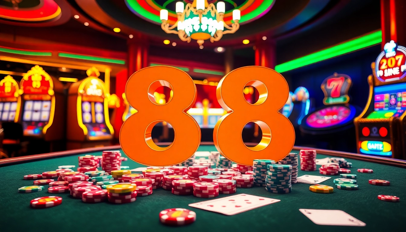 Experience the exhilarating atmosphere of king 88 in a luxurious casino setting filled with vibrant poker chips and lively games.