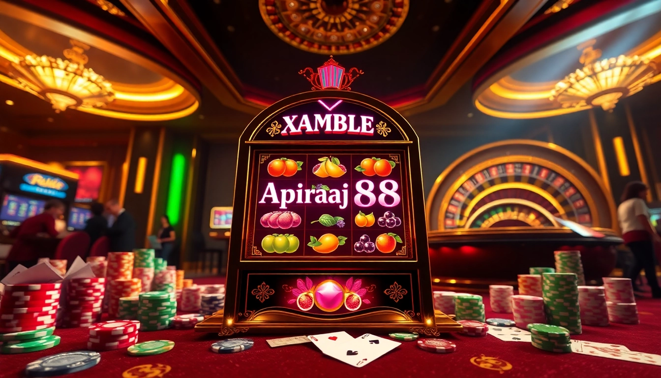 Experience the thrill of slot online apiraja88 with stunning visuals of poker chips and a glamorous casino backdrop.