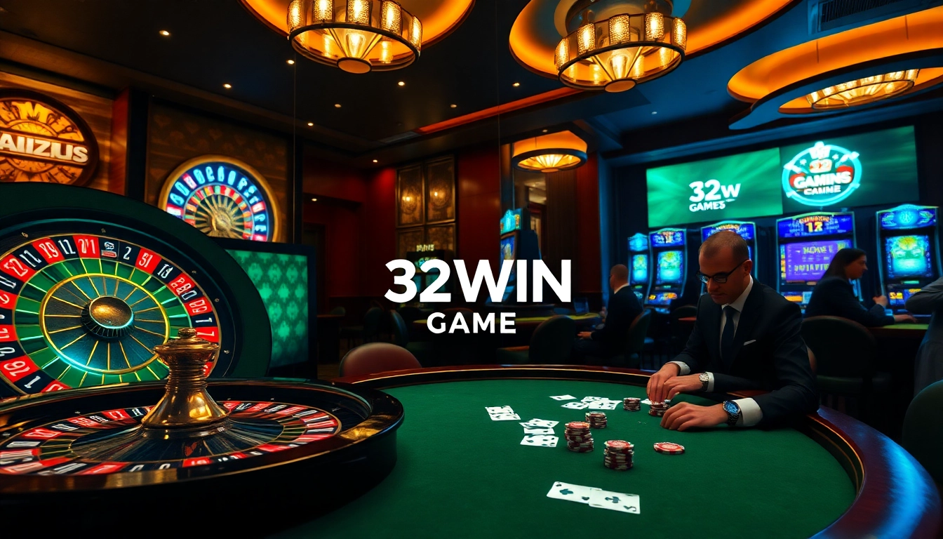Players enjoying the strategic 32WIN Game at an upscale casino table with vibrant poker chips.