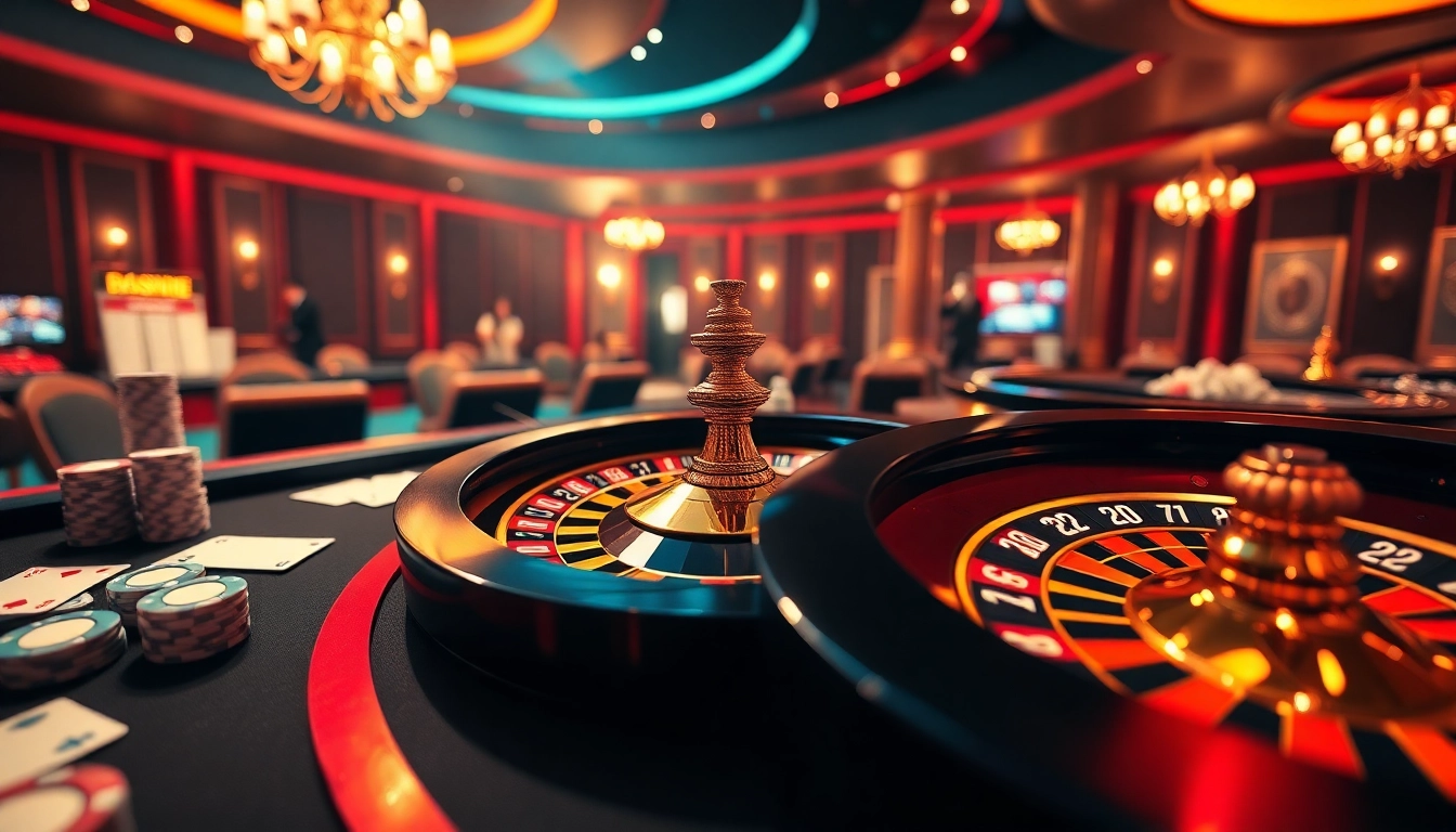 An exhilarating gaming atmosphere at 1haywin.us.com featuring a roulette table, poker chips, and cards.