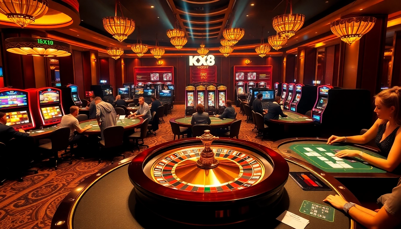 Experience kx8 bet excitement at a luxurious casino with players at roulette and poker tables.