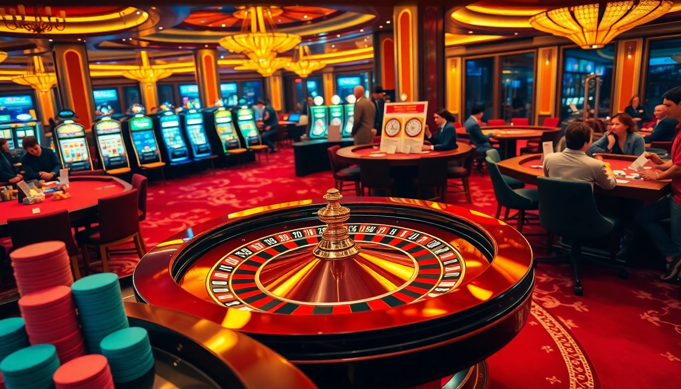 Exciting visual of pengeluaran china with a luxurious casino setup featuring roulette, players, and vibrant gaming details.