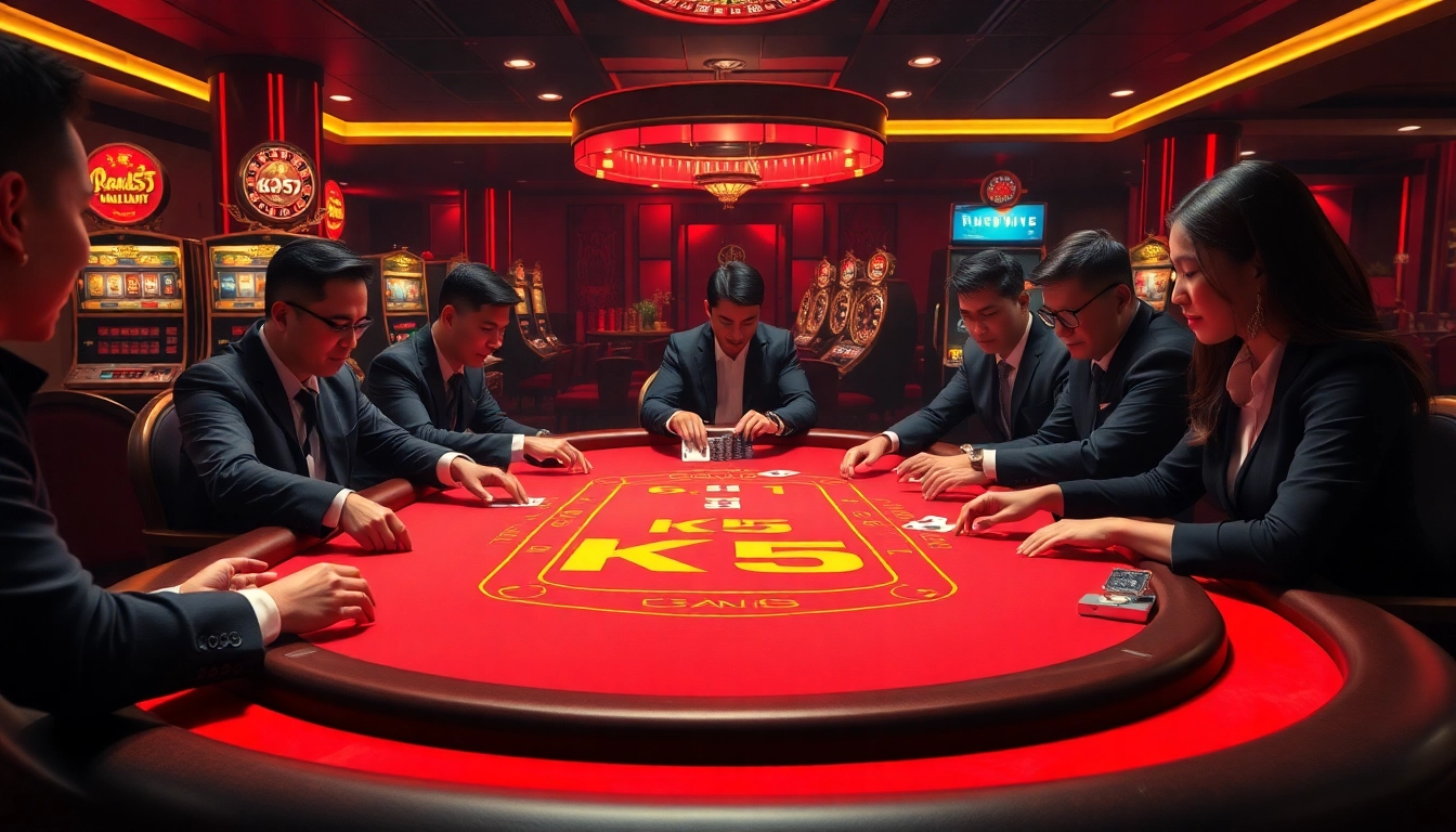 Players at a KK55-themed poker table strategizing in an elegant casino setting.