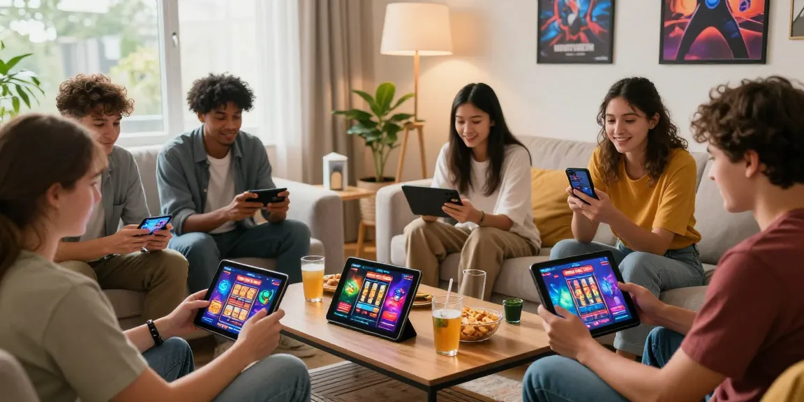 Friends enjoying new online slot sites together in a lively gaming atmosphere